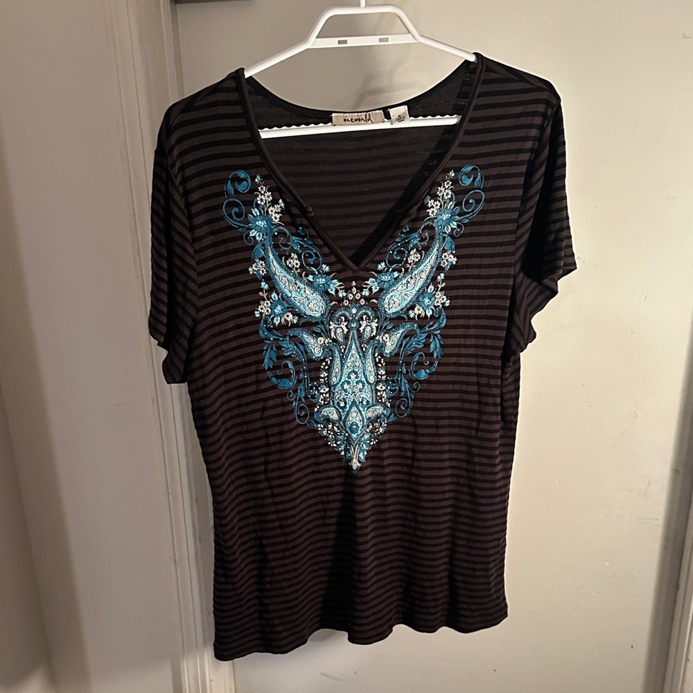 ONE WORLD Black Striped Tee with Blue Embellishments